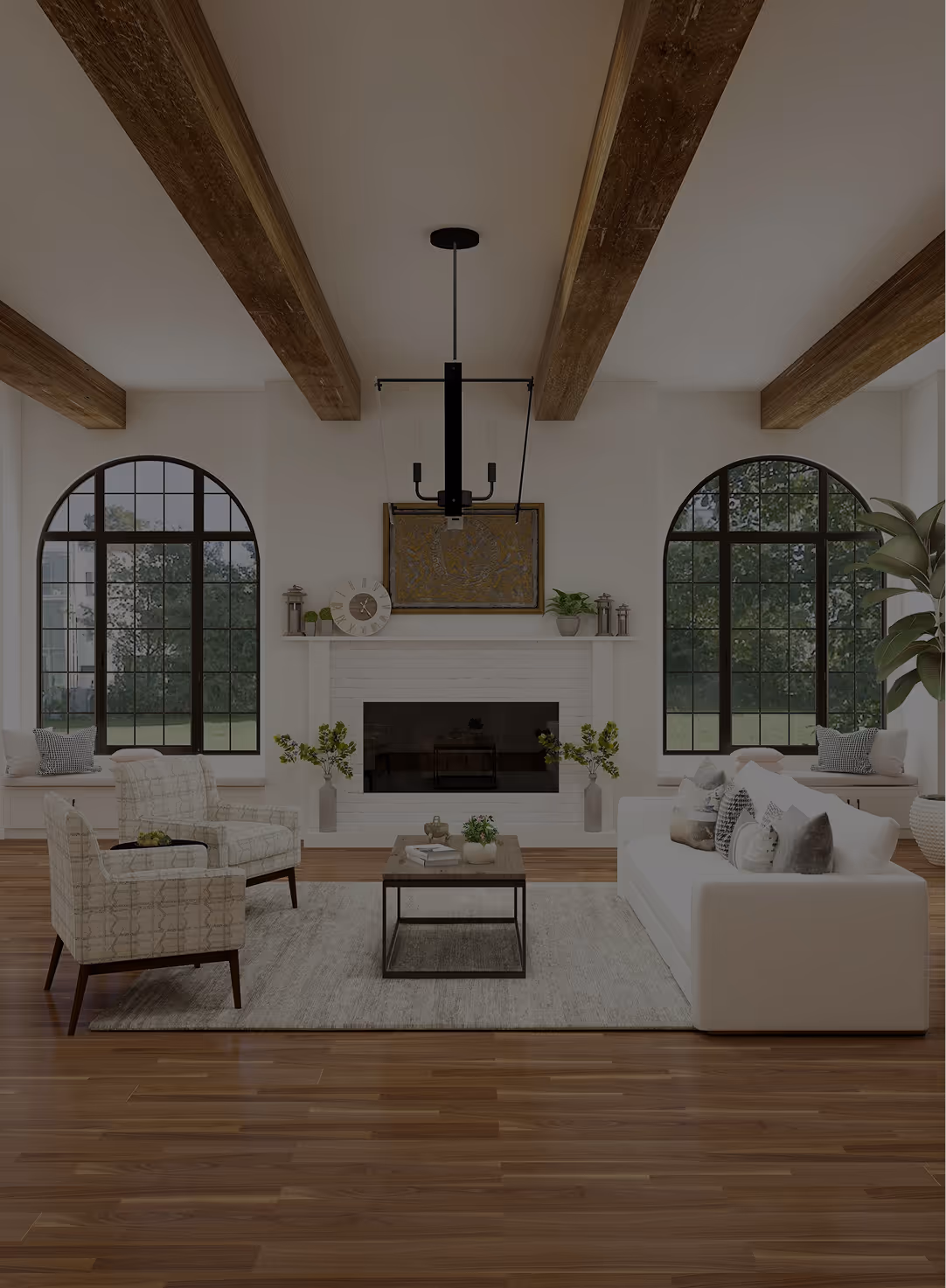 Modern living room with wooden ceiling beams, arched windows, white brick fireplace, beige armchairs, white sofa, and a wooden coffee table on a light rug.
