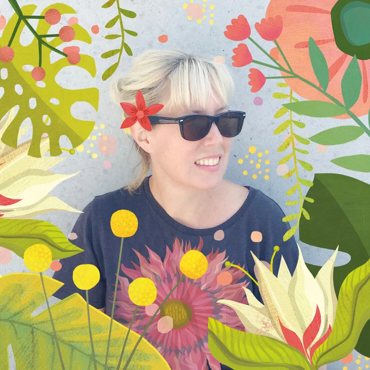 Blonde woman wearing sunglasses with a red flower in her hair surrounded by colorful illustrated flowers.