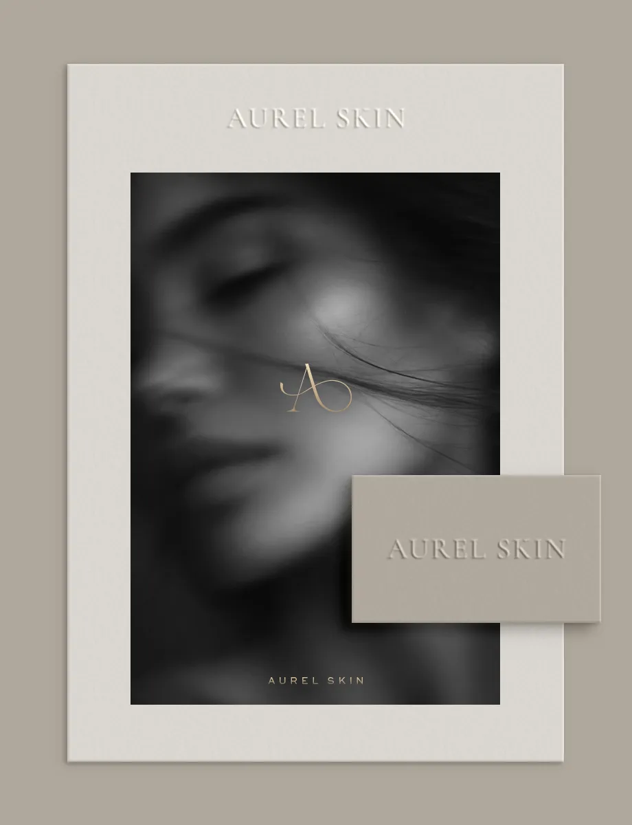 Branding für Aurel Skin – Luxury Skincare Markenidentität mit Poster und Visitenkarte