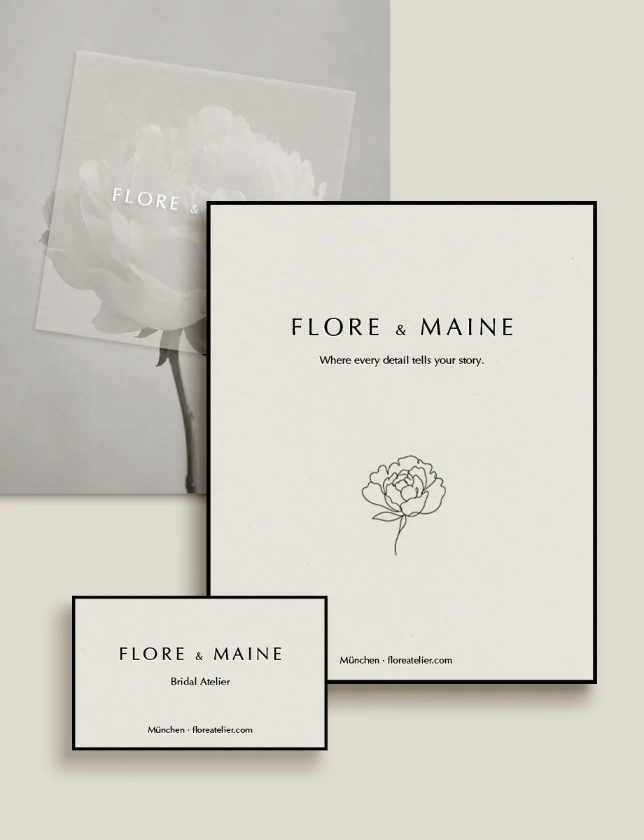 Branding für Flore & Maine – Bridal Atelier mit Vellum-Overlay, floraler Papeterie und Visitenkarte