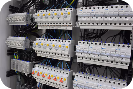 Elektrischer Schaltschrank mit mehreren Reihen von Sicherungsautomaten und Kabelverbindungen.