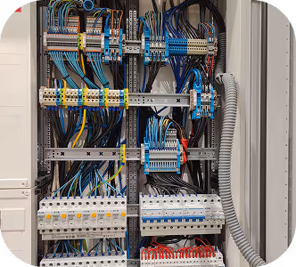 Elektroschaltschrank mit zahlreichen blauen, schwarzen und roten Kabeln, verbunden mit Sicherungen und Schaltern.
