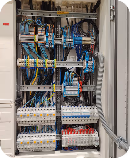 Elektrischer Verteilerkasten mit verschiedenen Sicherungen, Schaltern und farblich kodierten Drähten, ordentlich organisiert.