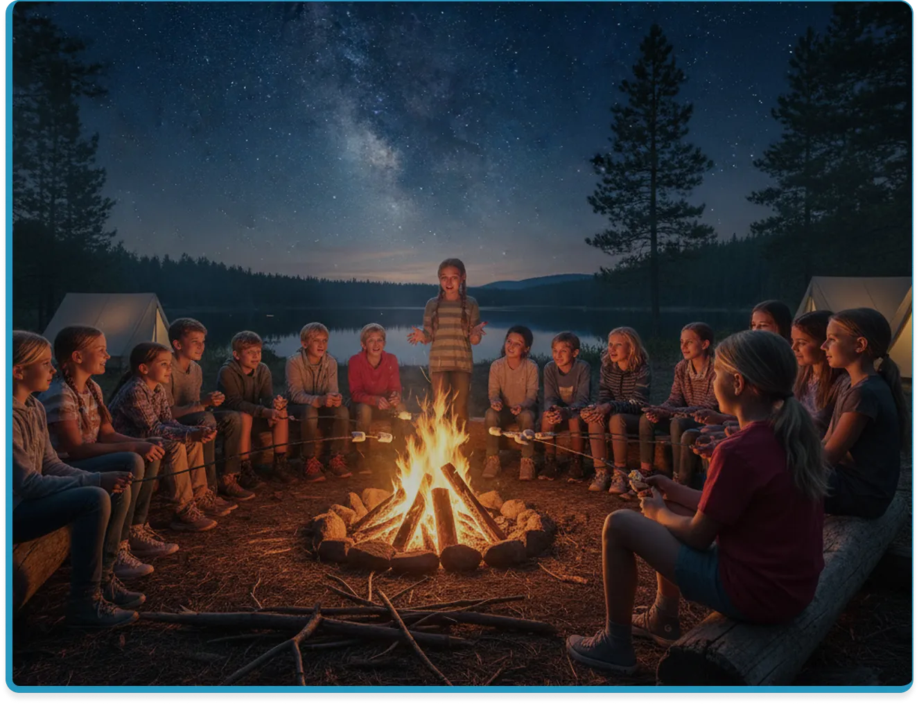 Group of children sitting around a campfire at night, roasting marshmallows and a girl standing telling a story under a starry sky by a lake.