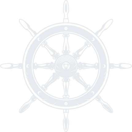 Navy blue and white nautical ship's steering wheel with eight spokes.