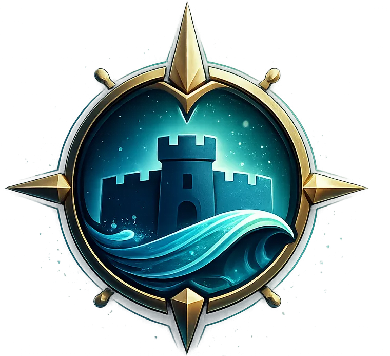Blue castle with waves in front, enclosed within a gold compass rose emblem.
