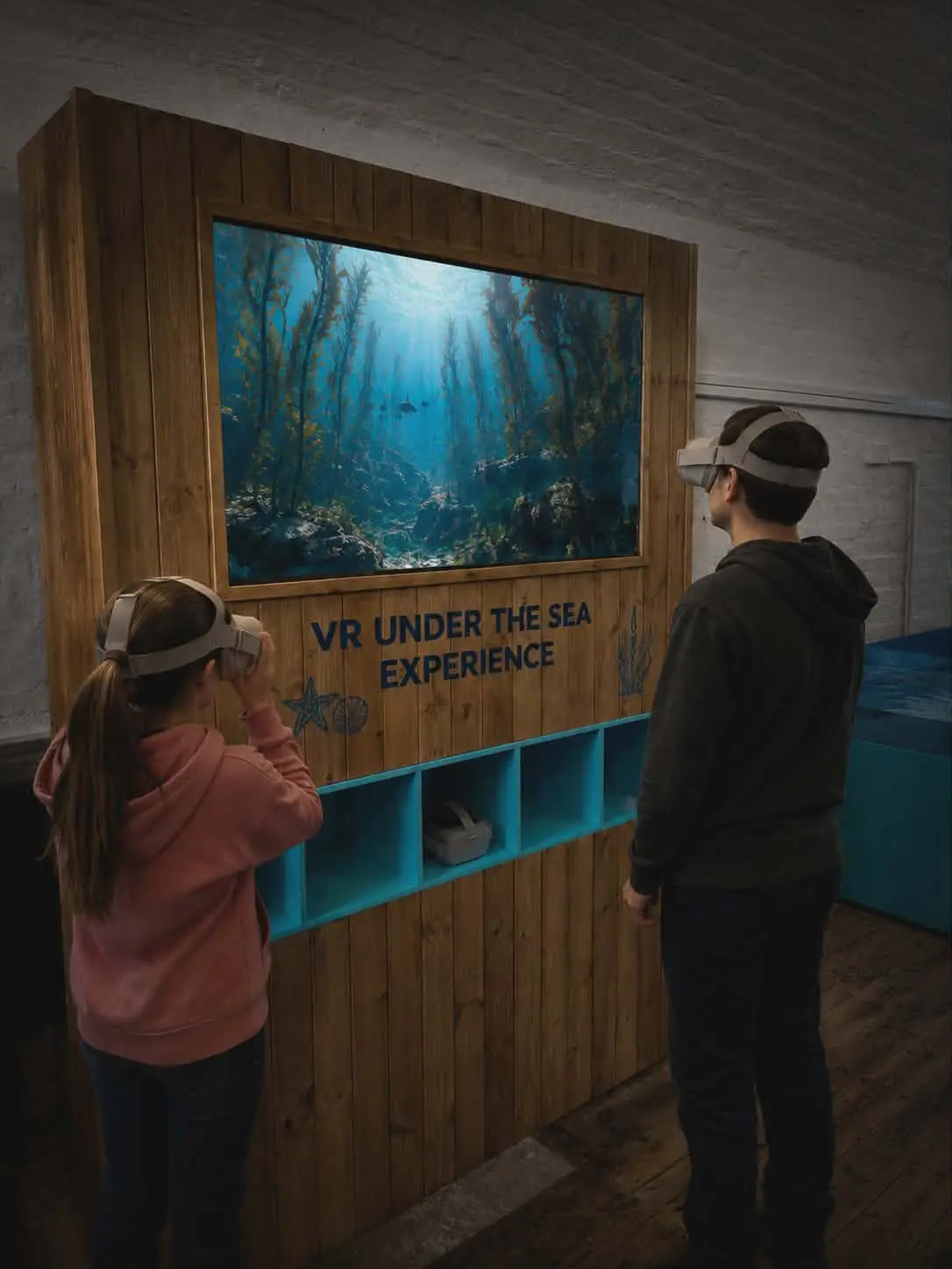 Two people wearing VR headsets at a VR under the sea experience with underwater scene display.
