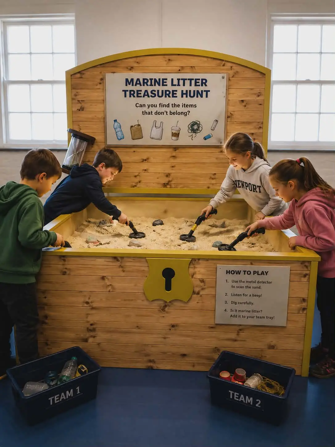 Four children using metal detectors to find marine litter in sand at a treasure hunt activity.