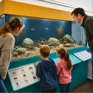Two children and two adults looking at marine creatures in a large aquarium tank display.