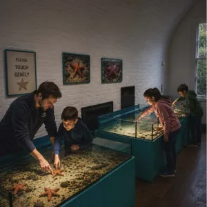 Children and an adult exploring touch tanks with starfish in an exhibit labeled 'Please touch gently.'