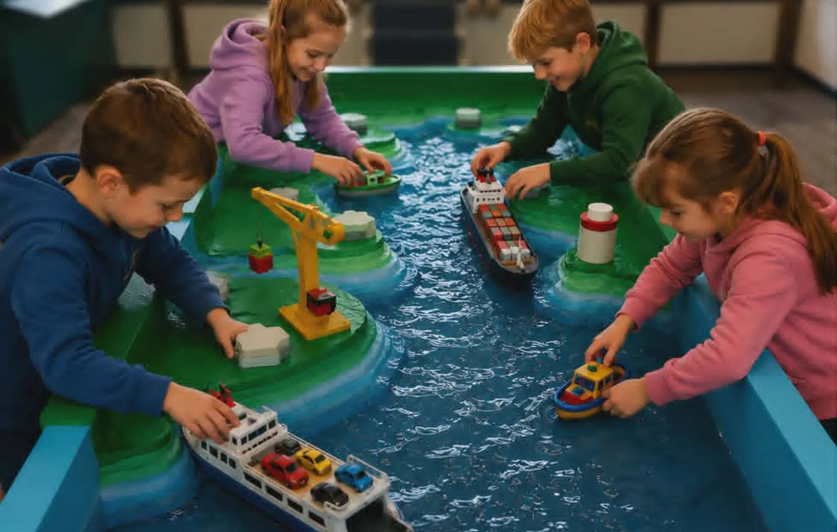 Four children playing with toy boats in a water table with green land and a yellow crane.