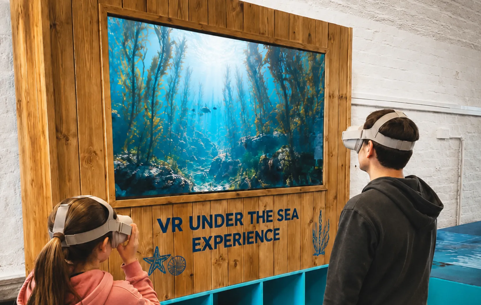 Two people wearing VR headsets experiencing a virtual underwater scene with fish and seaweed.