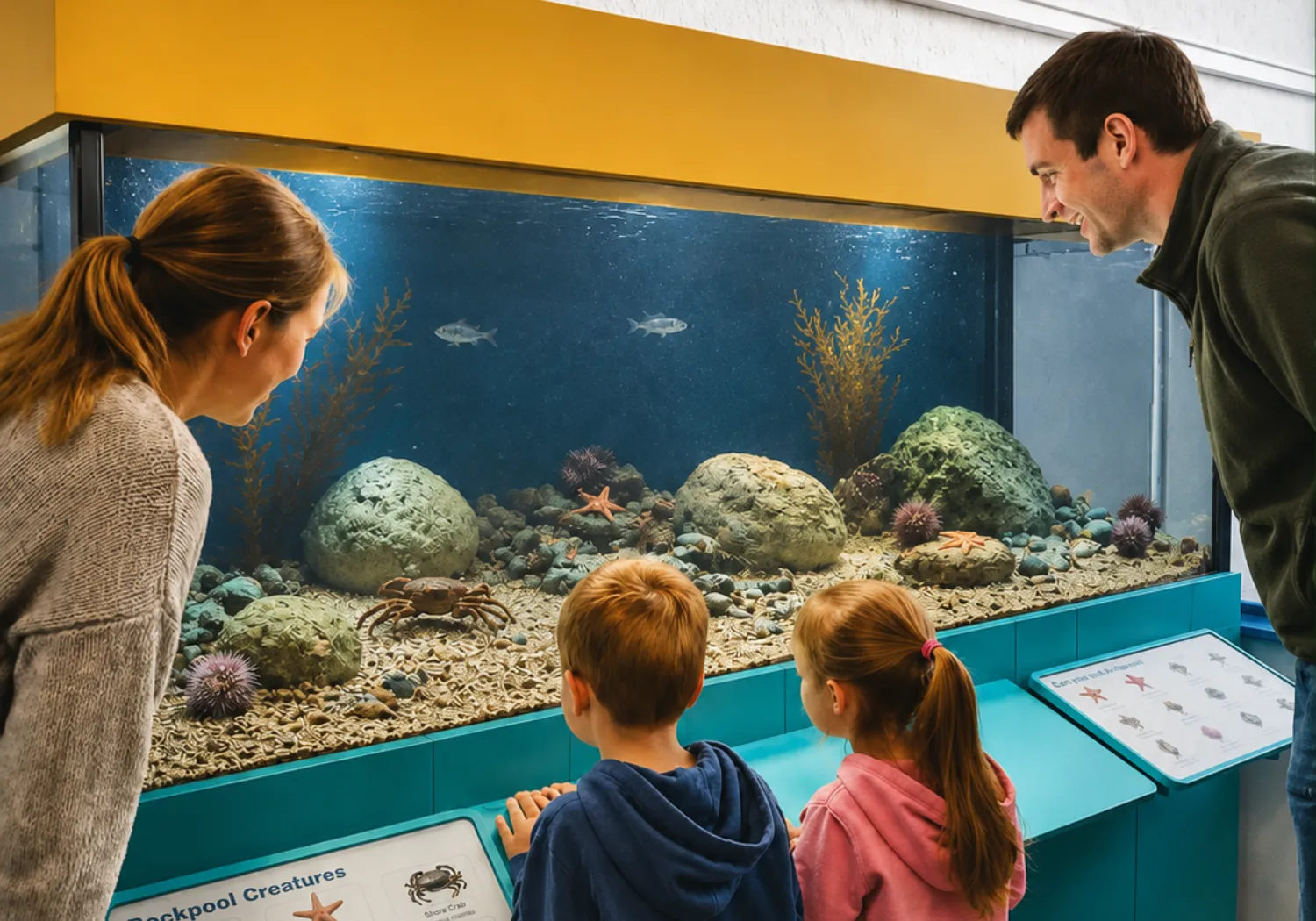 A family of two adults and two kids observing marine life in a large aquarium display.