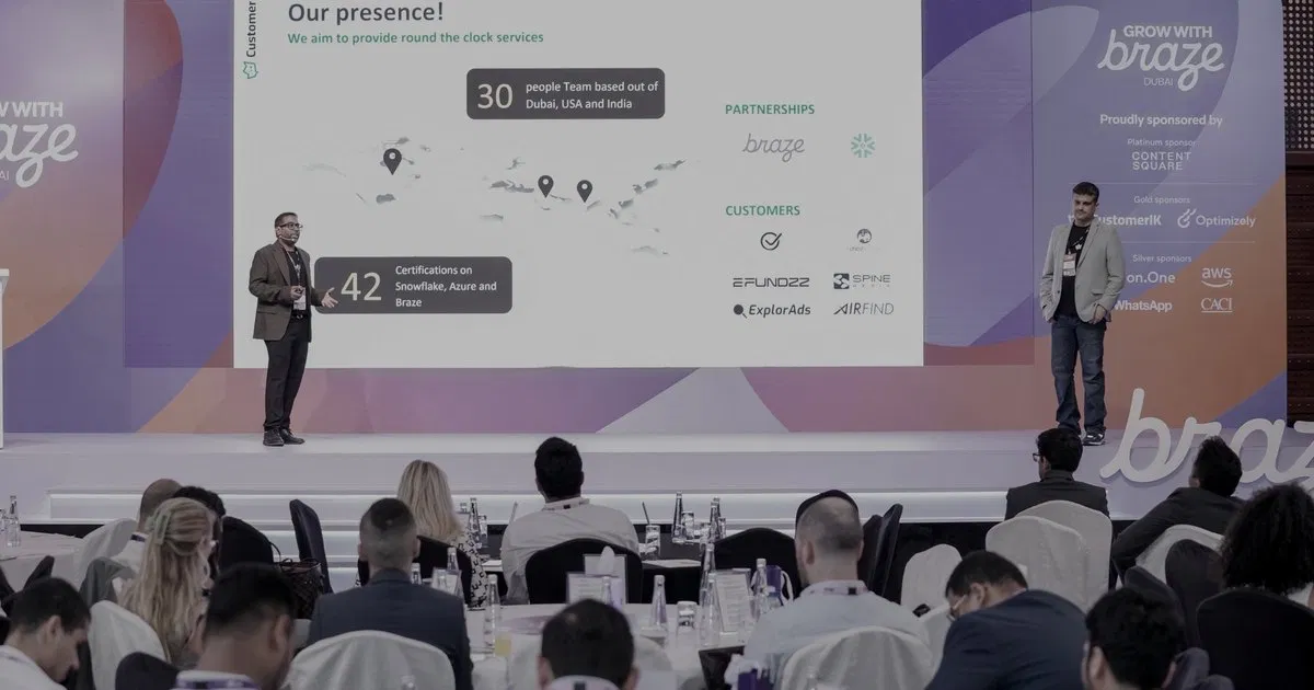 CustomerIK on stage at Grow with Braze Dubai presenting the Our presence slide