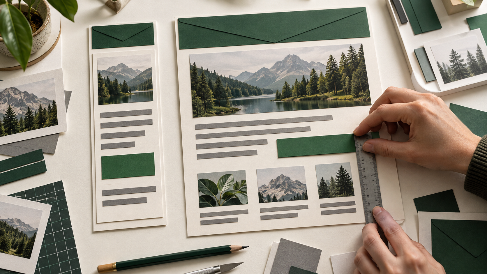Hands measuring a printed email layout with a ruler, surrounded by paper envelopes, scenic photos and a pencil
