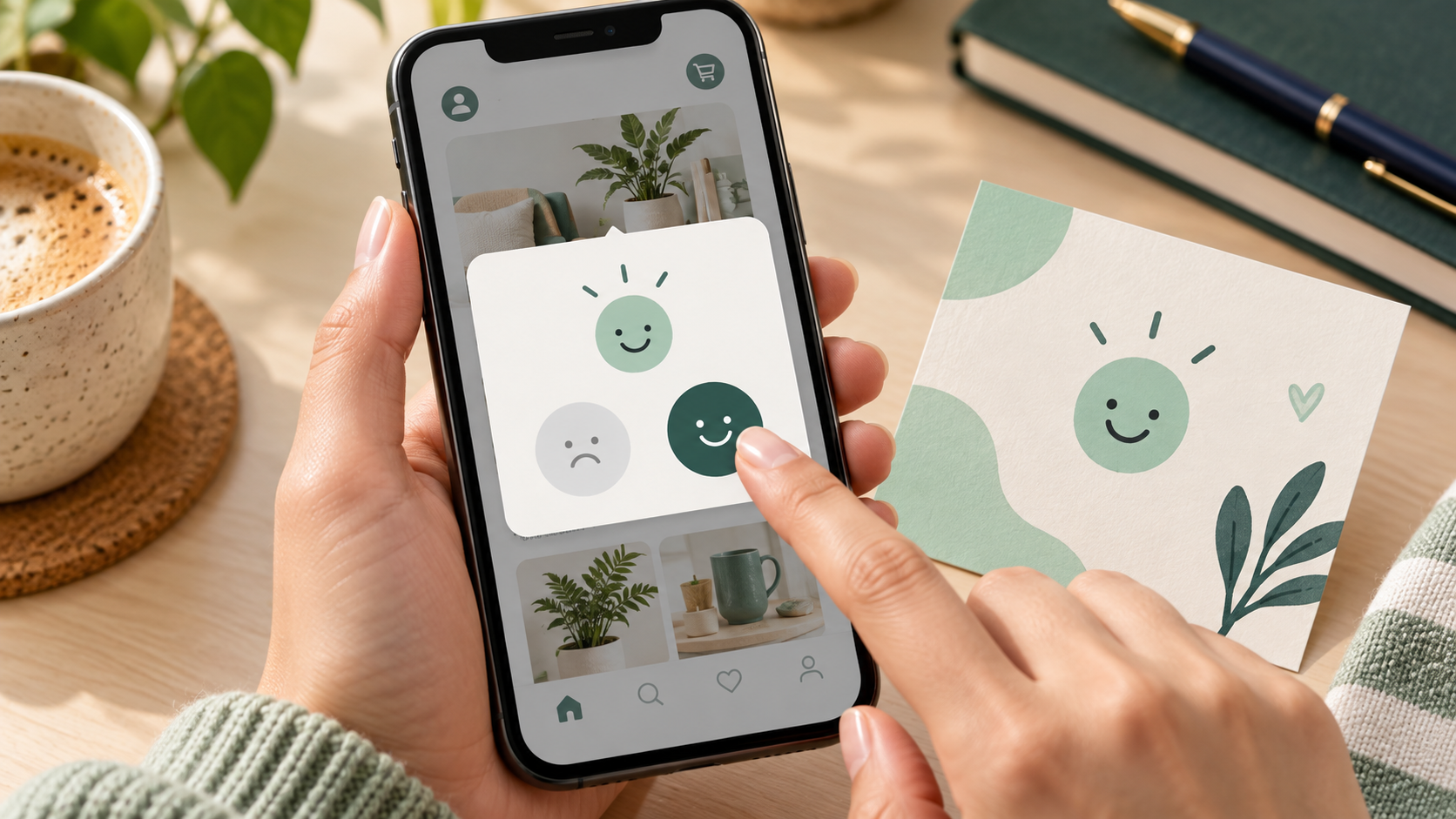 A hand tapping a smiley-face feedback prompt on a phone screen, beside a printed card with a smiling face