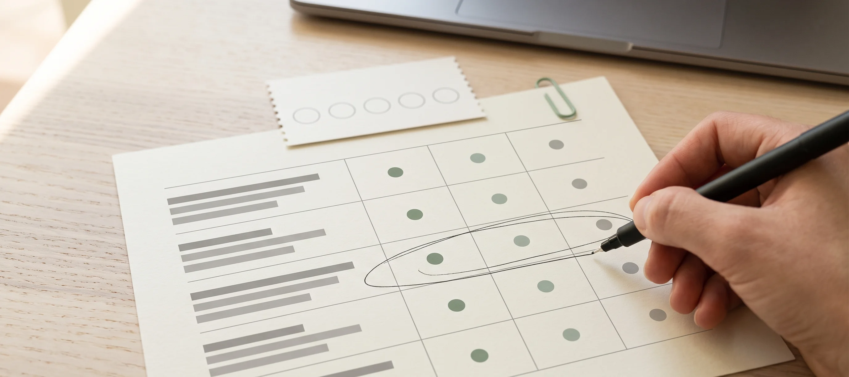 Hand circling one row on a printed loyalty message map that pairs each message with a data pattern, beside a blank stamp card.