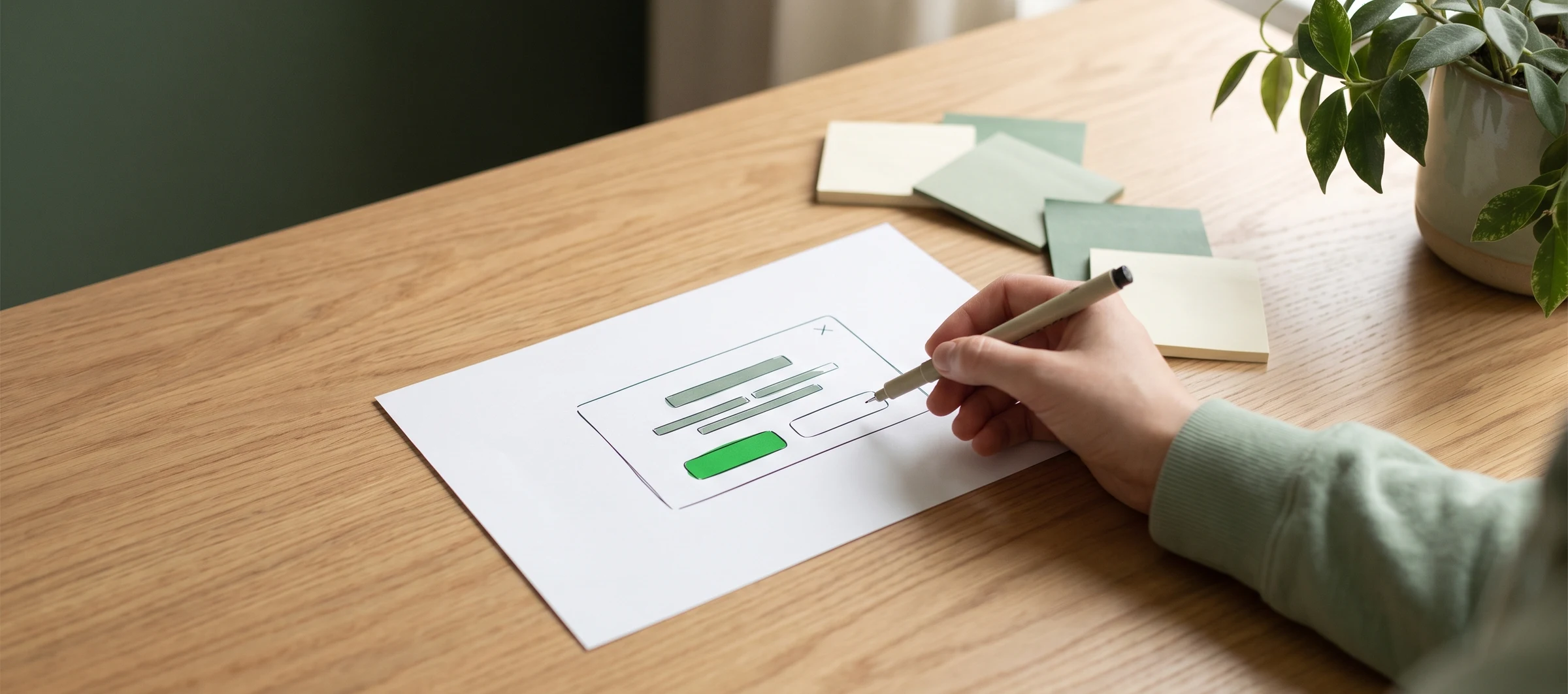 Hand with a pen pointing at a printed wireframe of a permission pop-up with two buttons, one green, beside sticky notes and a plant, showing how a push primer is designed.