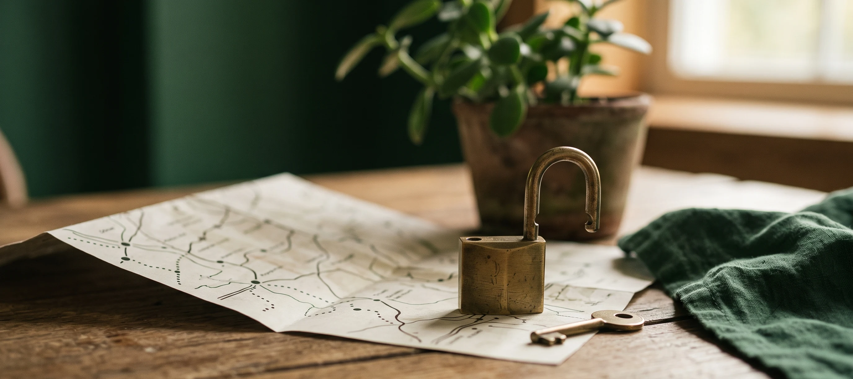 Open brass padlock and key resting on a folded route map beside a small plant, showing the entry and exit settings to decide before building a Braze Canvas.