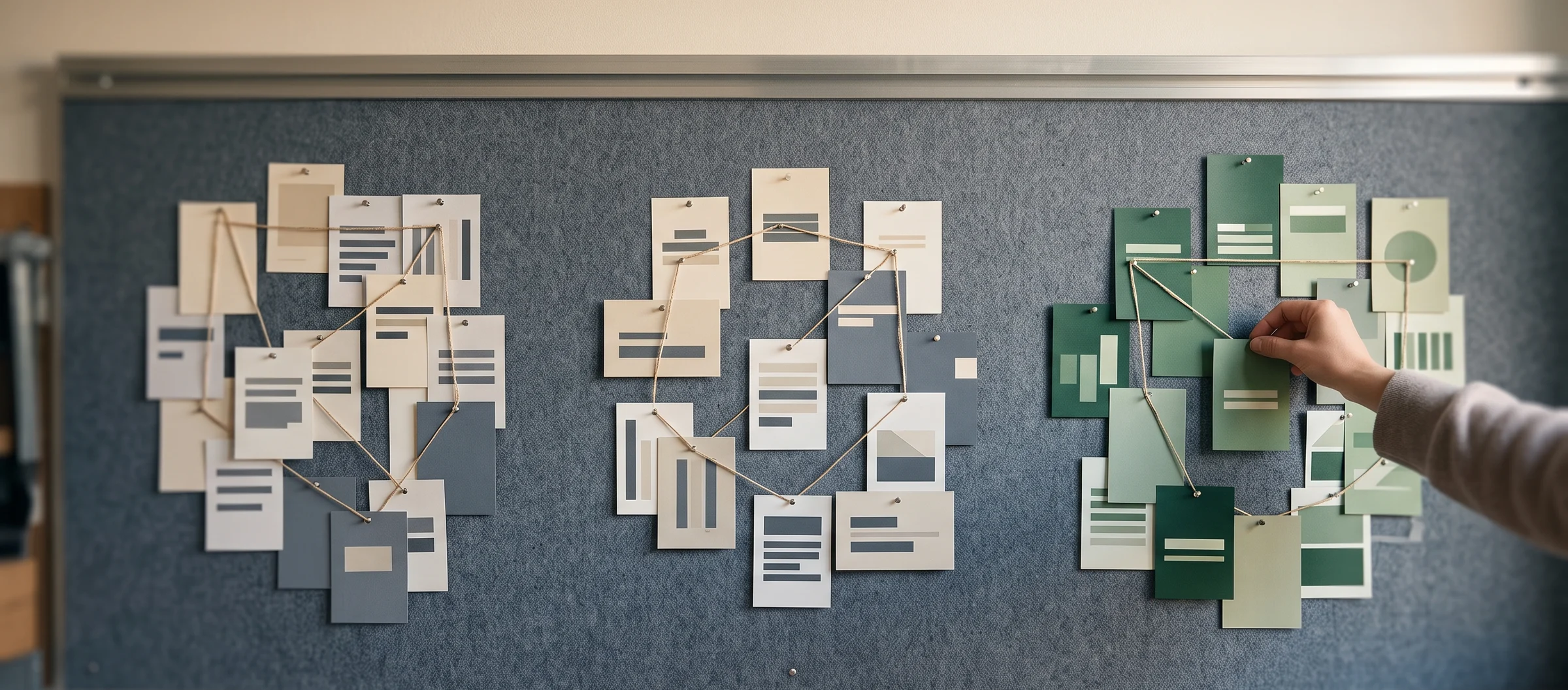 A hand pins a paper card into a green cluster on a pinboard wall of sorted cards, showing a team choosing Decisioning Studio Go or Pro for each programme.