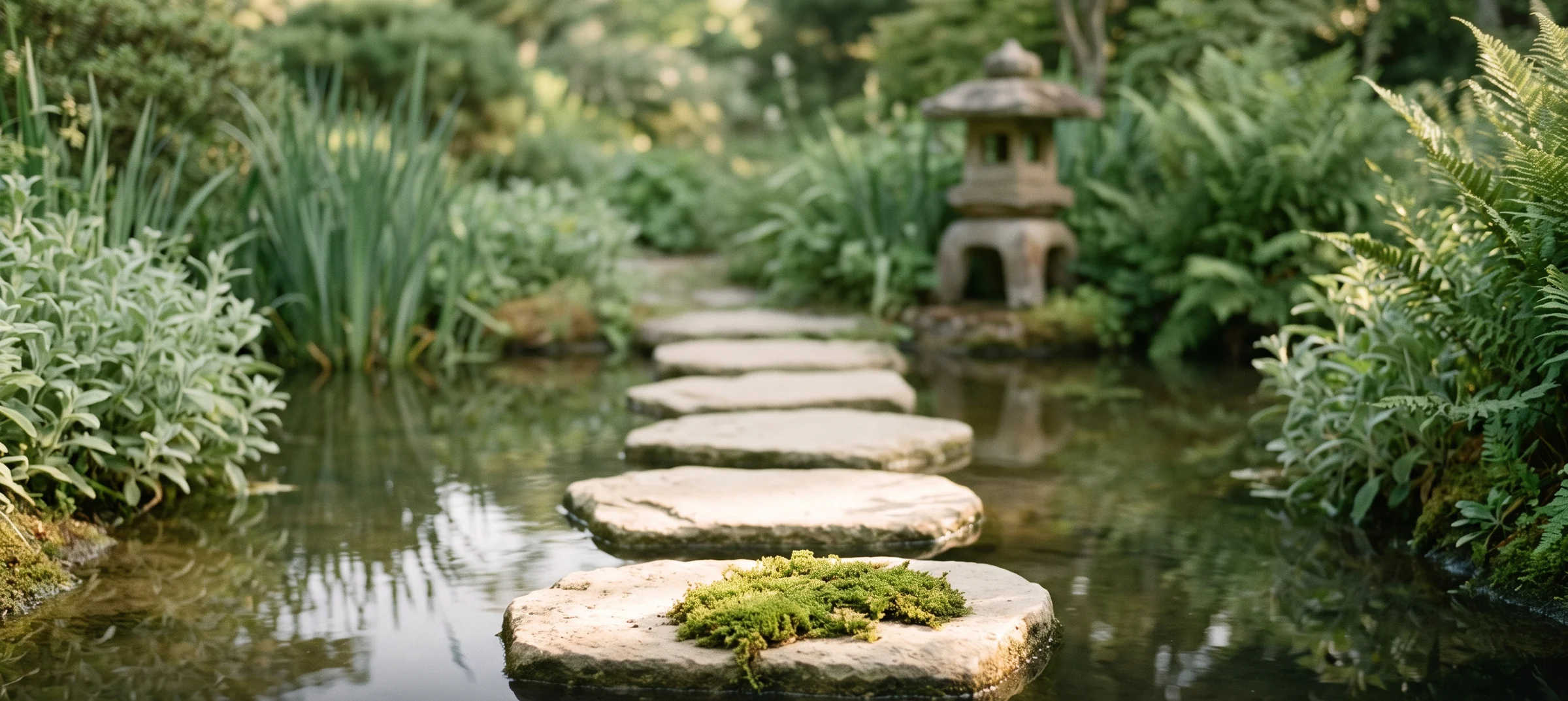 A line of stepping stones leading across a still garden pond towards a stone lantern, the nearest stone topped with green moss, showing Braze AI features adopted one stage at a time.