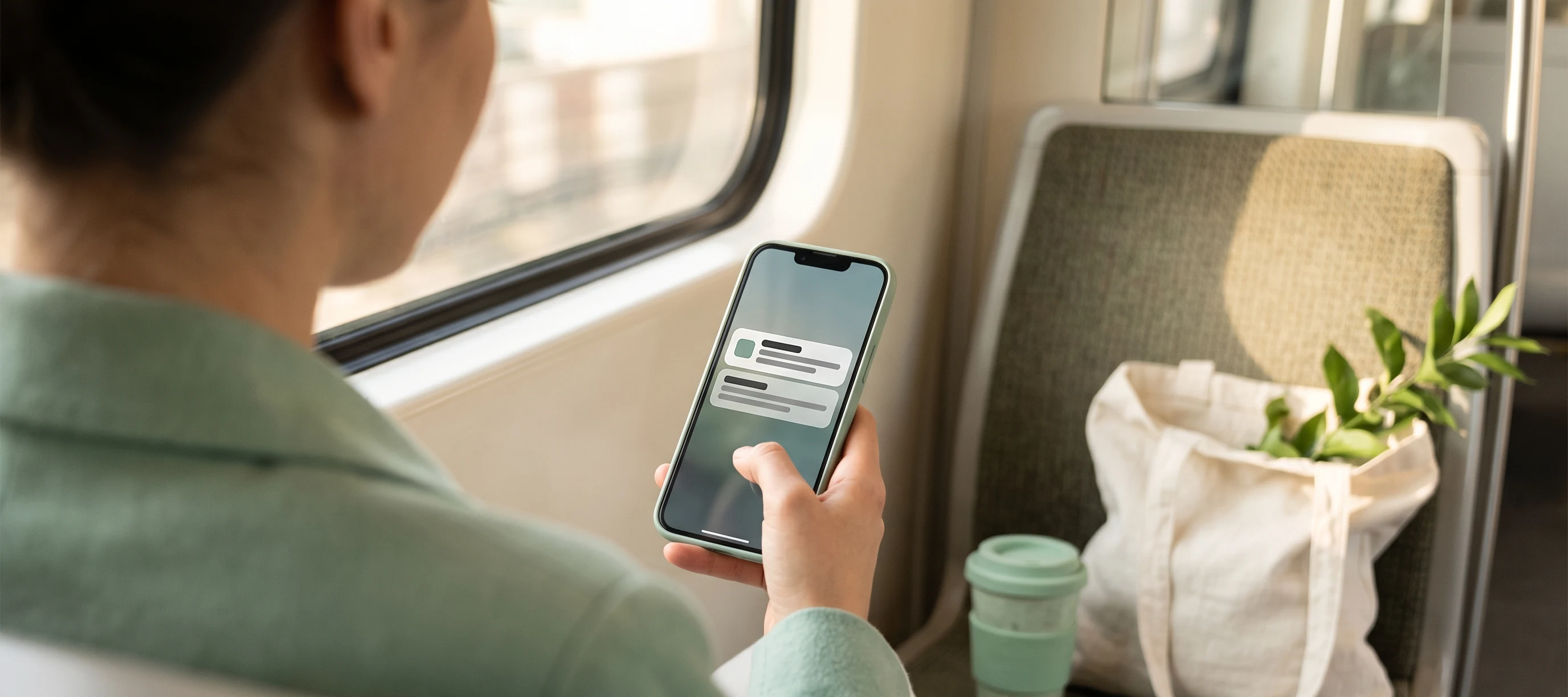 Commuter on a train holding a phone showing two notification banners, with a cup and tote beside them, for personalised push notifications