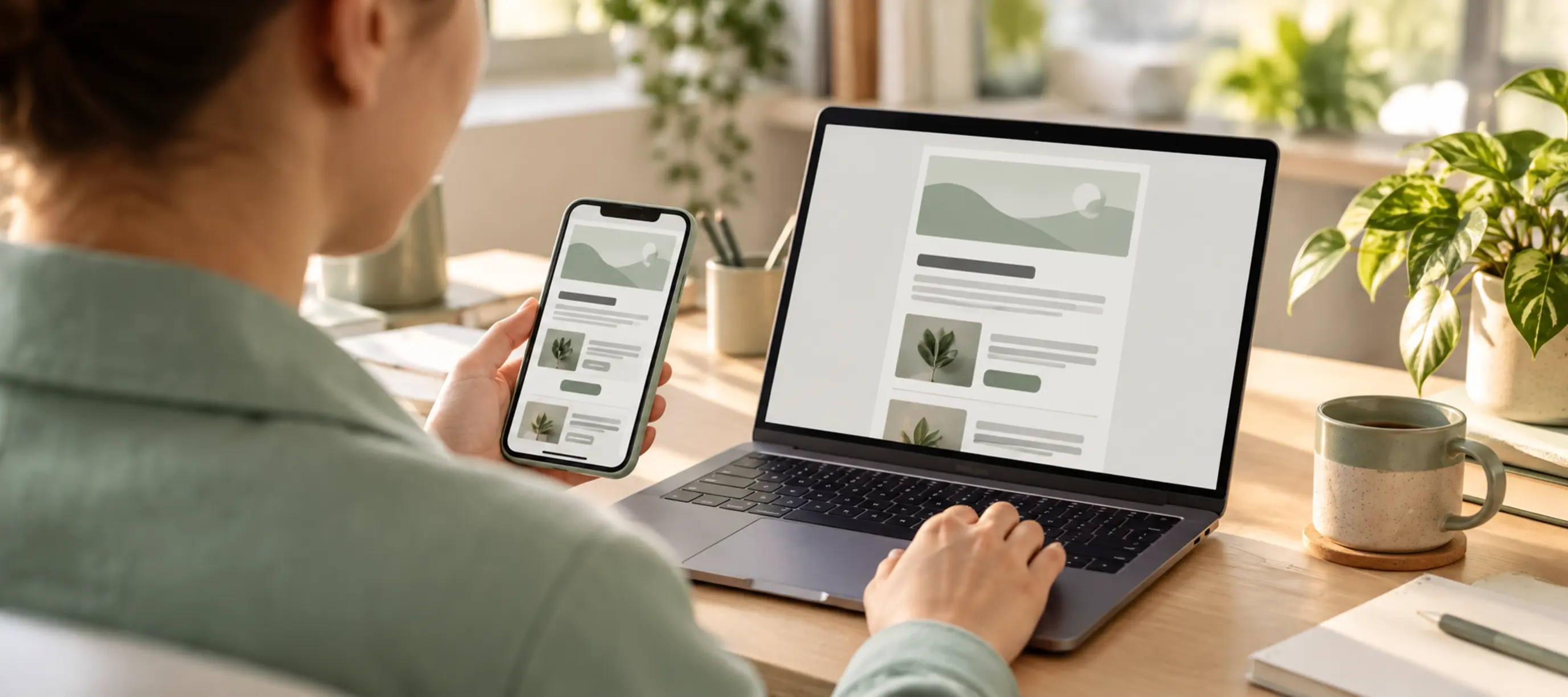 Email designer comparing a responsive email layout on a laptop and smartphone