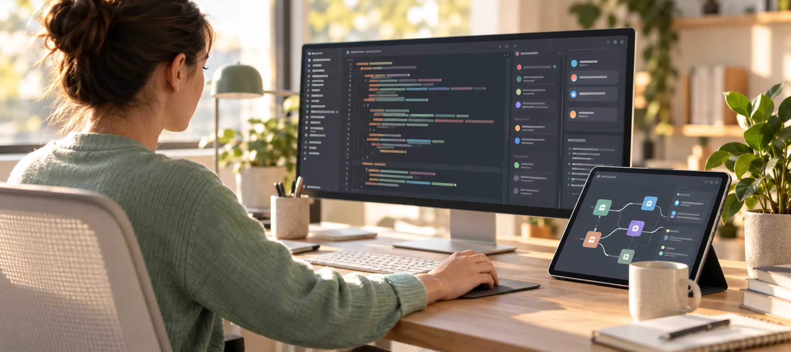 Developer working with code and modular integration diagrams