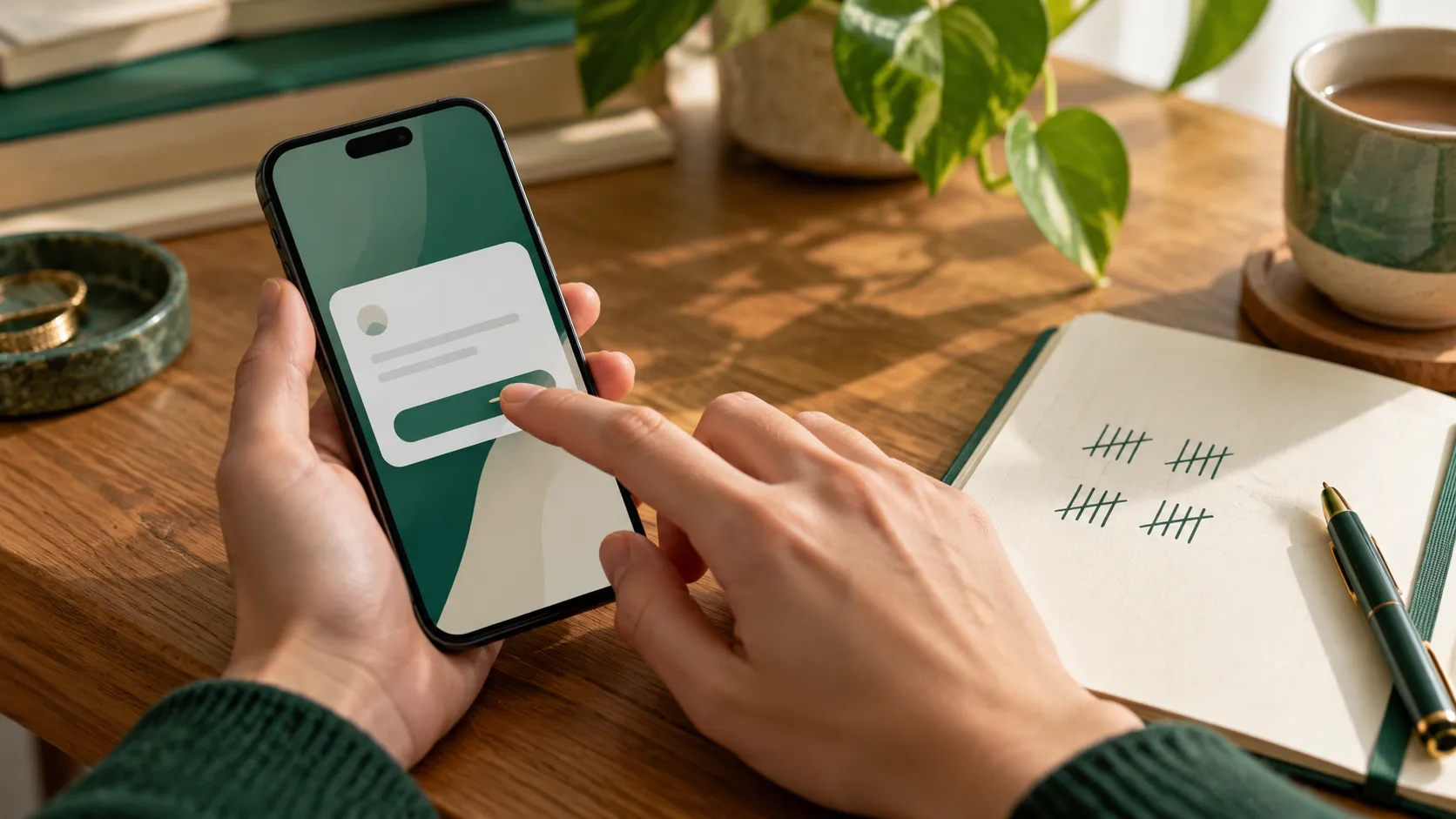 A hand interacting with an in-app message beside a notebook of engagement tallies.