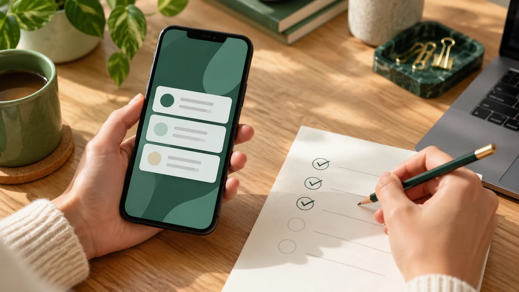 A smartphone with notification cards beside a performance review checklist.