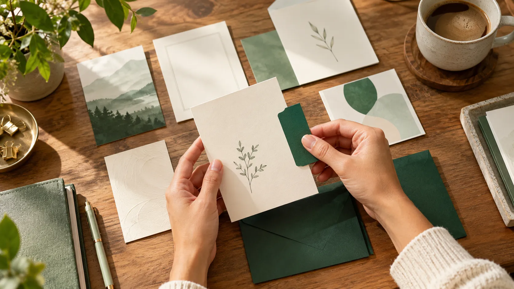 Hands comparing message components and assembling a selected content combination.