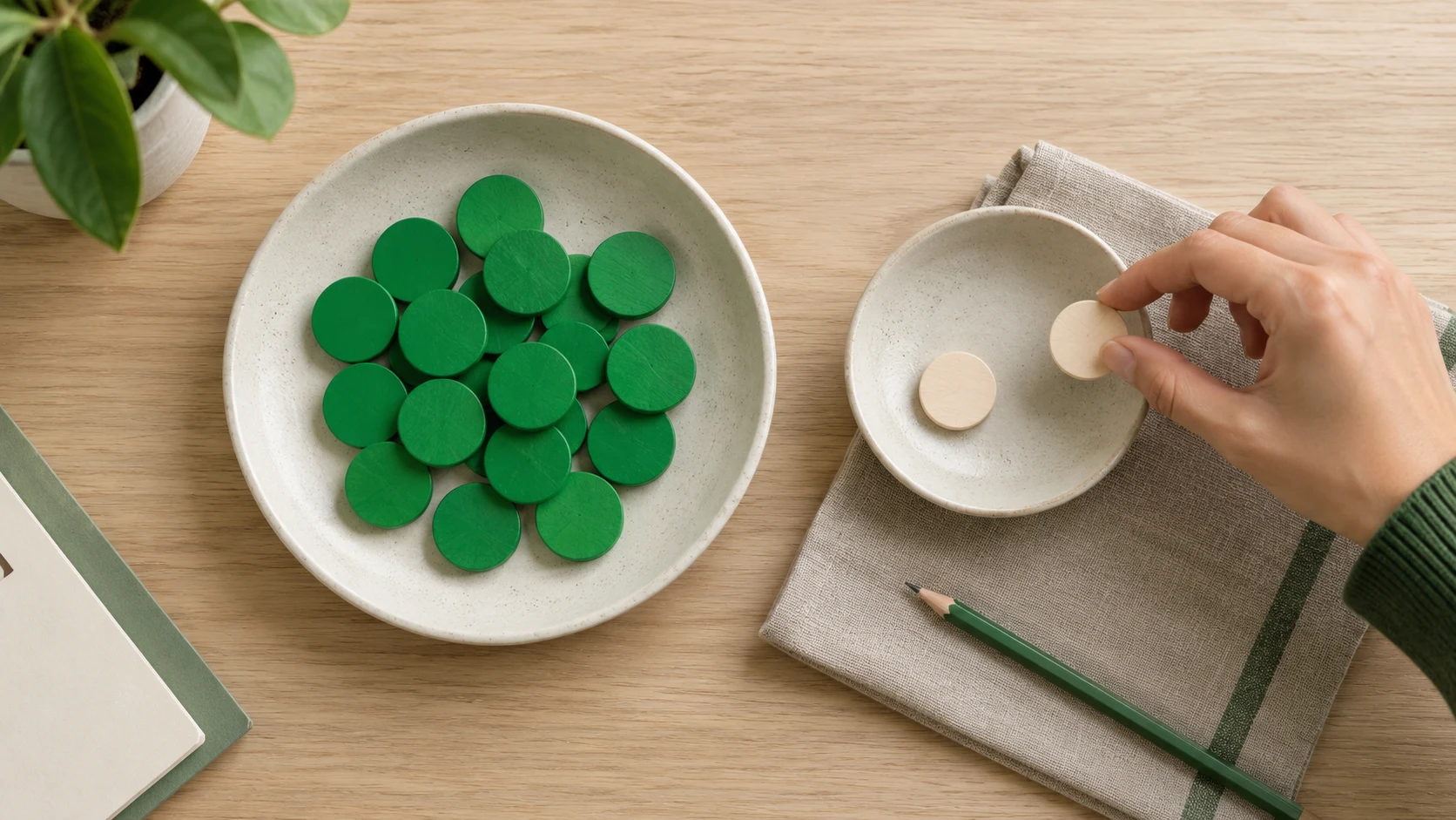 Top-down flat lay of two ceramic dishes on an oak table, one holding green wooden discs and one holding plain pale discs, showing how a Braze segment separates one audience from another.