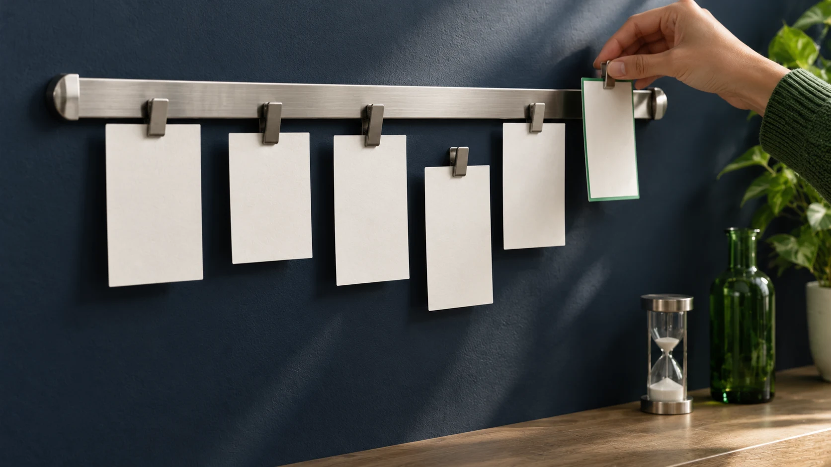 Brushed metal order rail with blank paper tickets hanging at different heights and a sand timer below, showing real-time personalization values of different ages in Braze