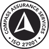 ISO 27001 certification stamp with a triangle logo and text for Compass Assurance Services.