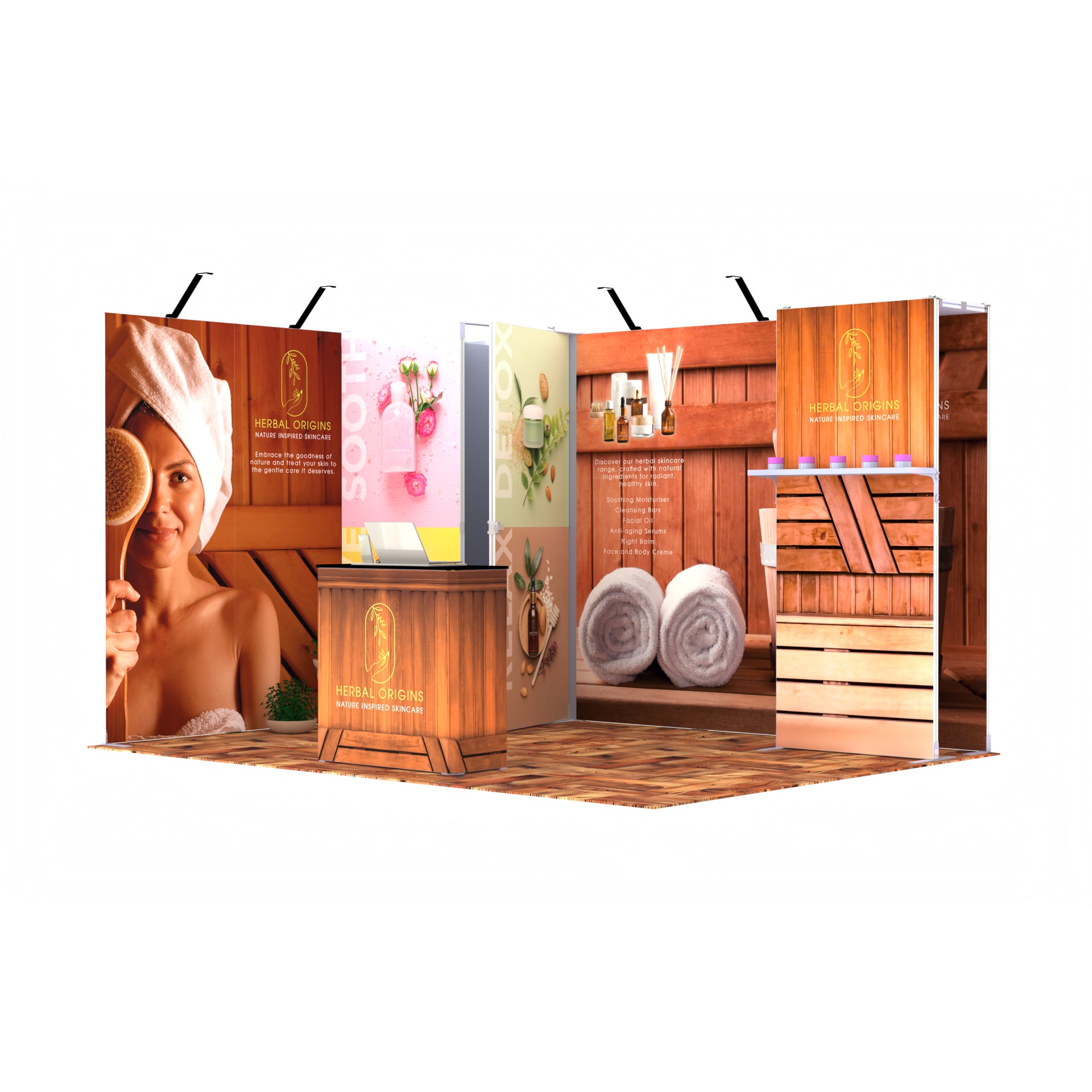 FastFrame 12m² Feature stand — 4m x 3m, open 2 sides, L-shape configuration