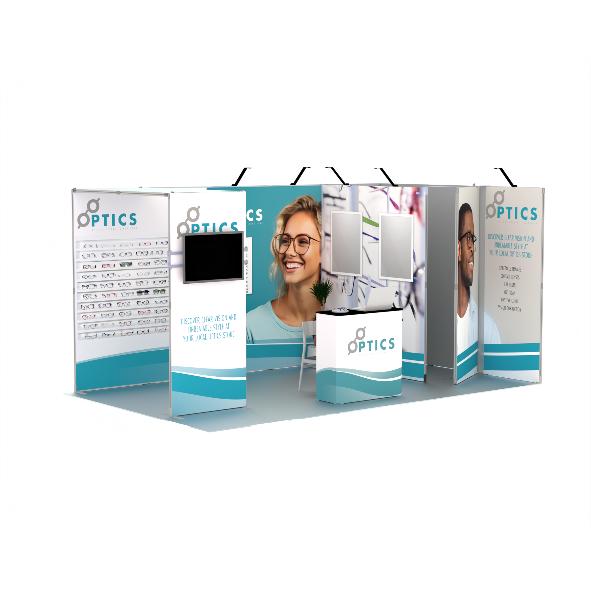 FastFrame 15m² Demo stand — 5m x 3m, open 2 sides, L-shape configuration