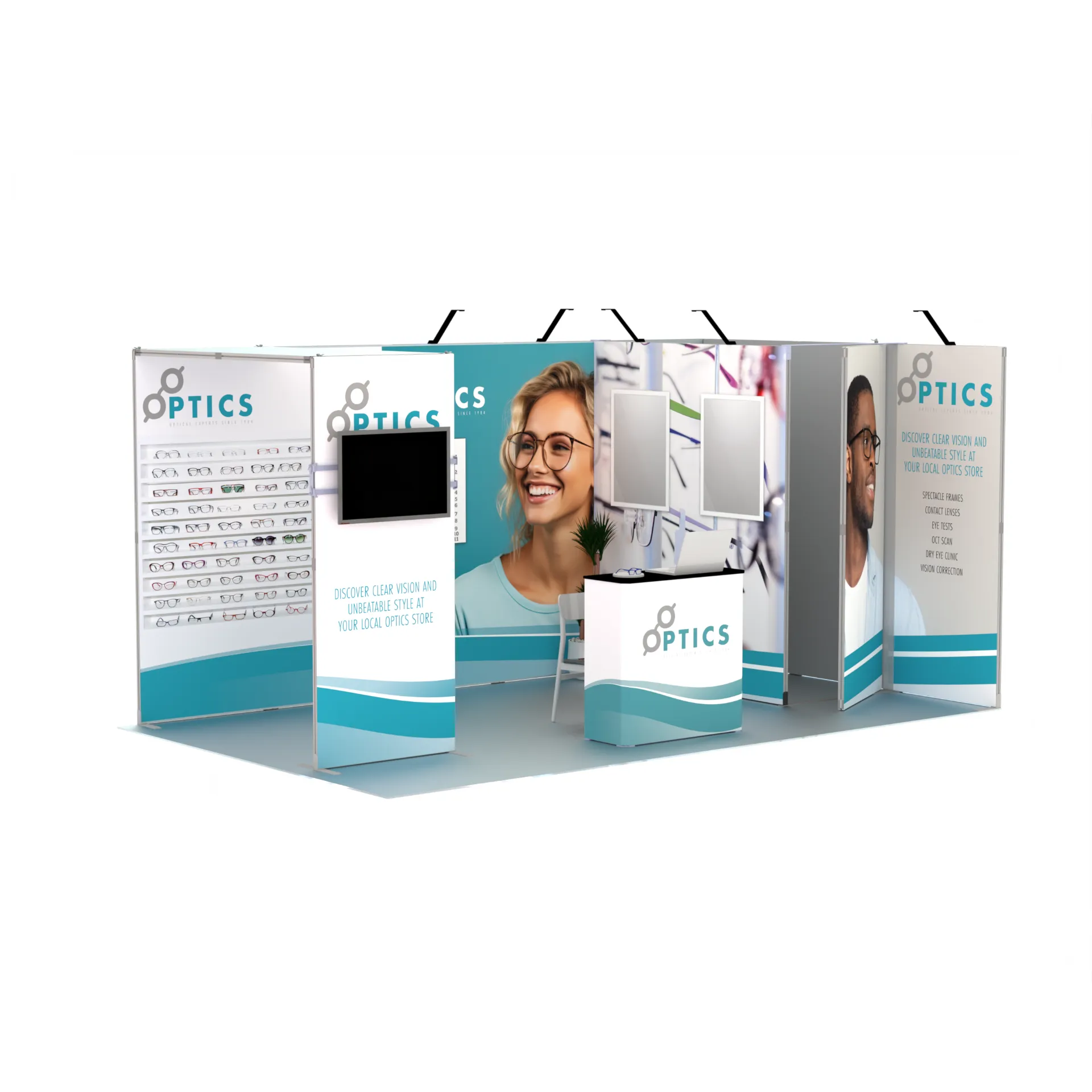 FastFrame 15m² Demo stand — 5m x 3m, open 2 sides, L-shape configuration