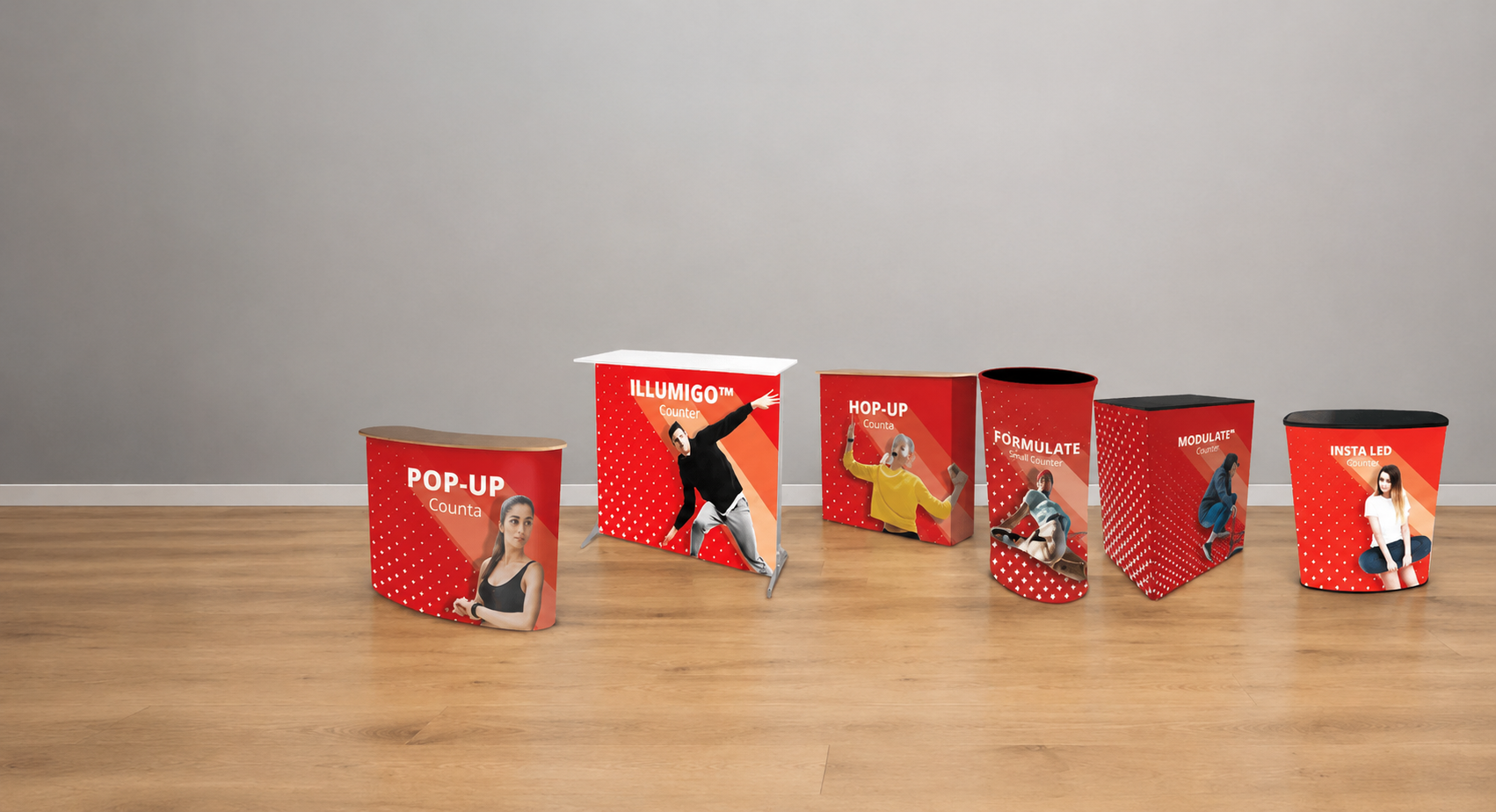Redblu exhibition counter range — pop-up, curved, illuminated and magnetic counters