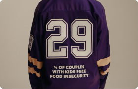 Person wearing purple jersey with number 29 and text about couples with kids facing food insecurity.