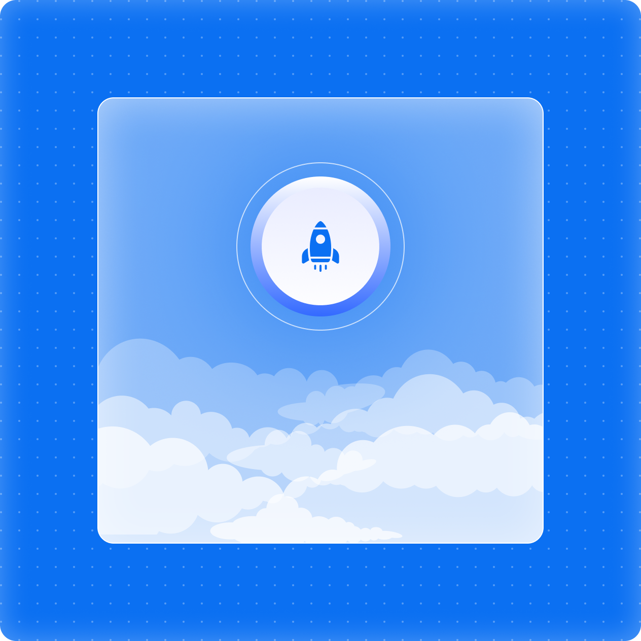 Blue rocket icon in a glowing circle above white clouds on a blue background.