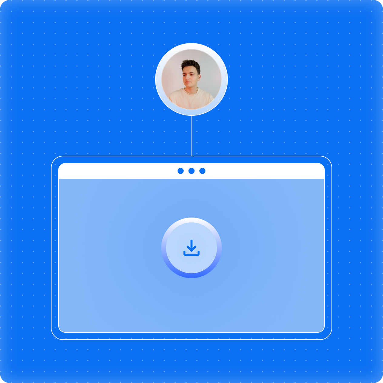 Profile photo of a man above a stylized browser window with a download icon in the center on a blue dotted background.