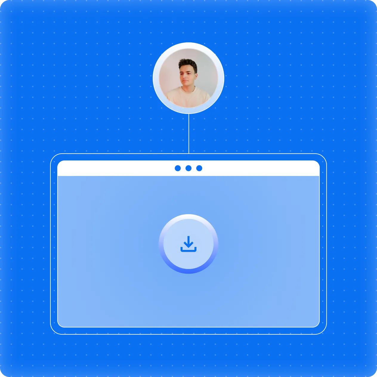 Profile photo of a man above a stylized browser window with a download icon in the center on a blue dotted background.