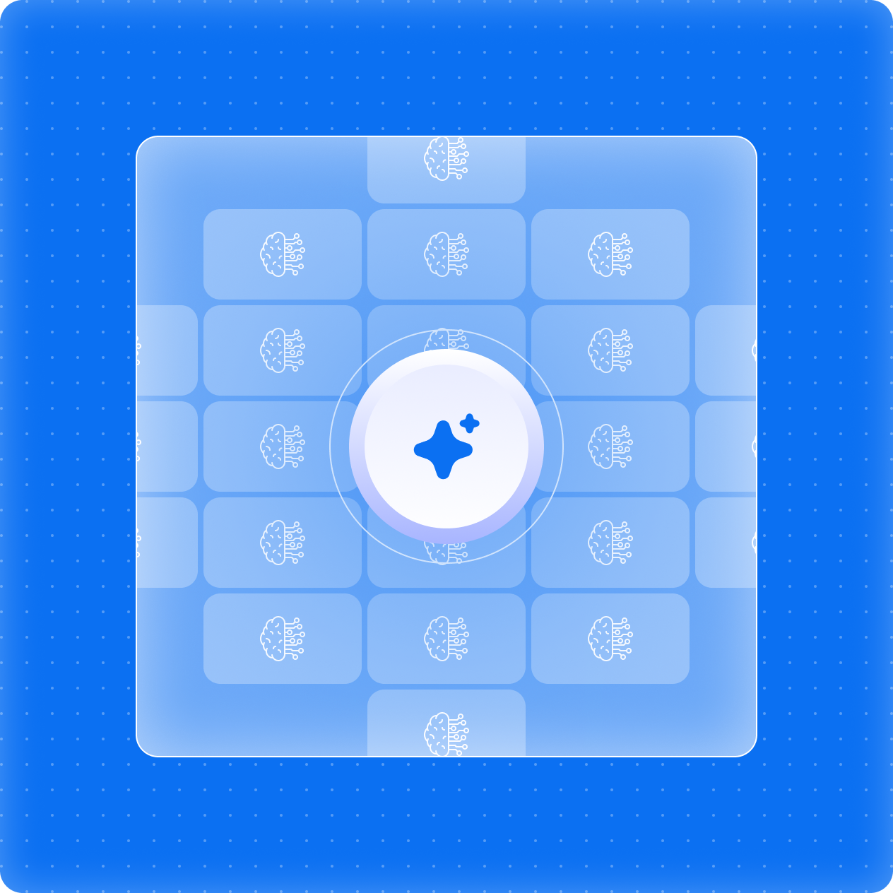 Blue digital-themed interface with a central glowing icon resembling a spark surrounded by multiple brain symbols in rounded rectangles.