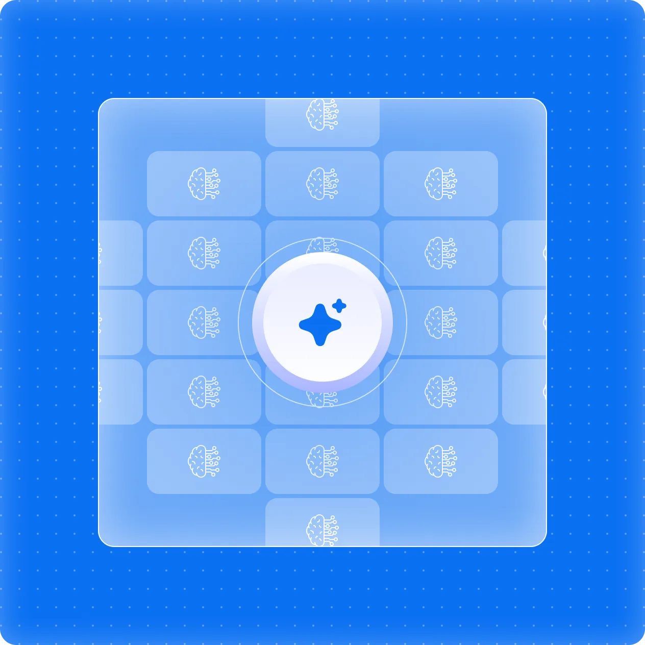 Blue digital-themed interface with a central glowing icon resembling a spark surrounded by multiple brain symbols in rounded rectangles.