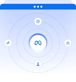 Meta logo centered in a window interface with four surrounding icons representing advertising, targeting, user profile, and messaging.