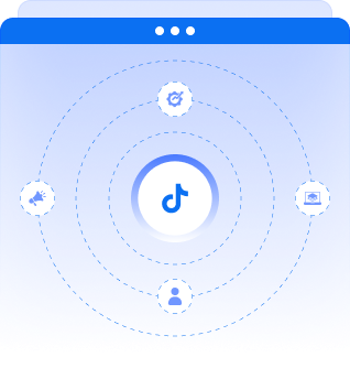 Diagram with TikTok logo at center surrounded by icons representing campaign, audience, analytics, and messaging in concentric dotted circles.