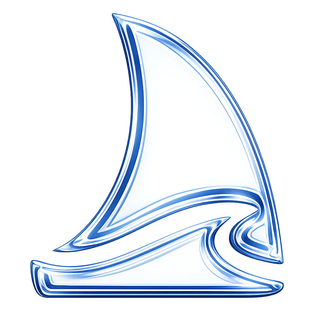 Glowing blue and white stylized sailboat icon with a single sail and hull on a dark gradient background.