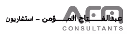 شعار شركة AFO للاستشارات مع النص الإنجليزي والرموز السوداء والرمادية.