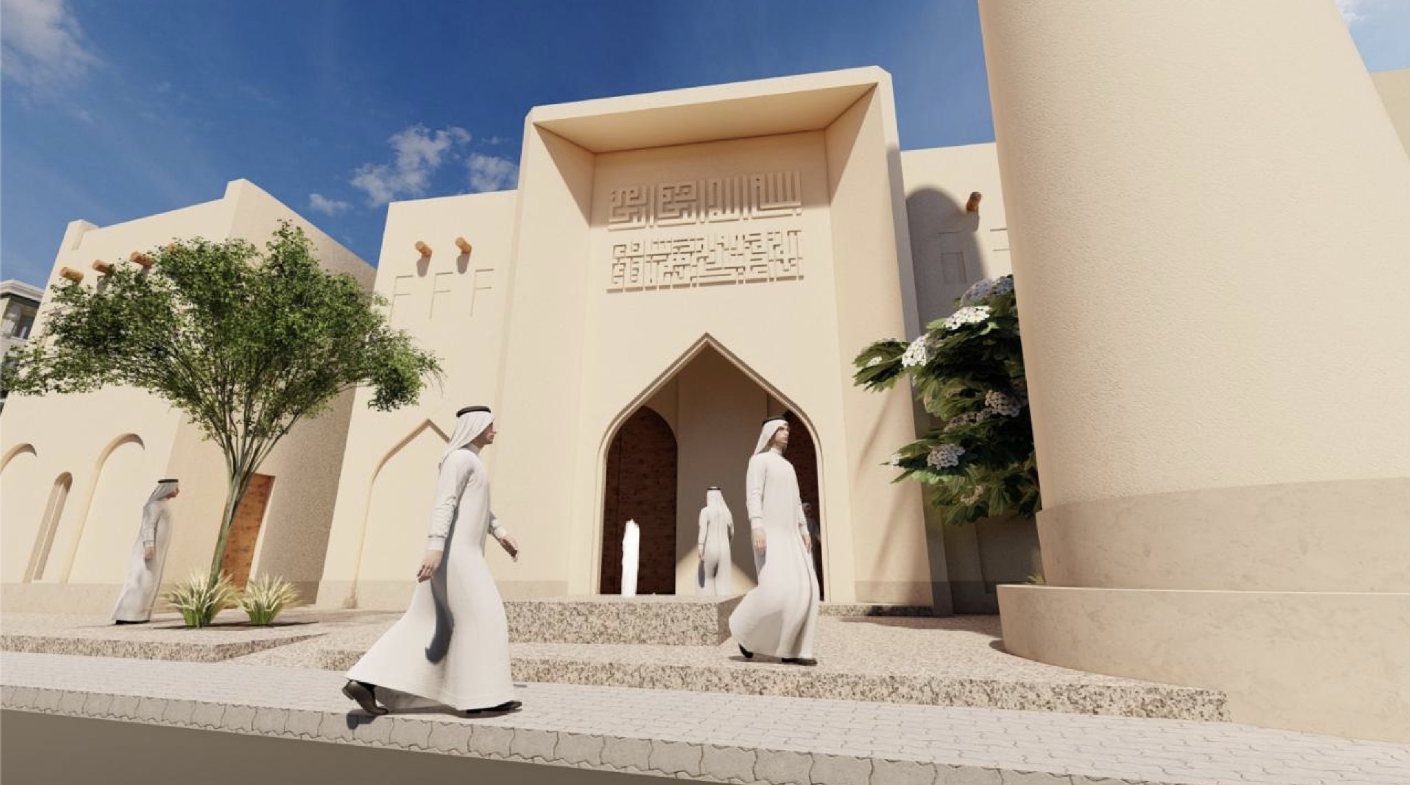 رجال يرتدون الملابس التقليدية يسيرون أمام مبنى تراثي ذو تصميم معماري عربي.