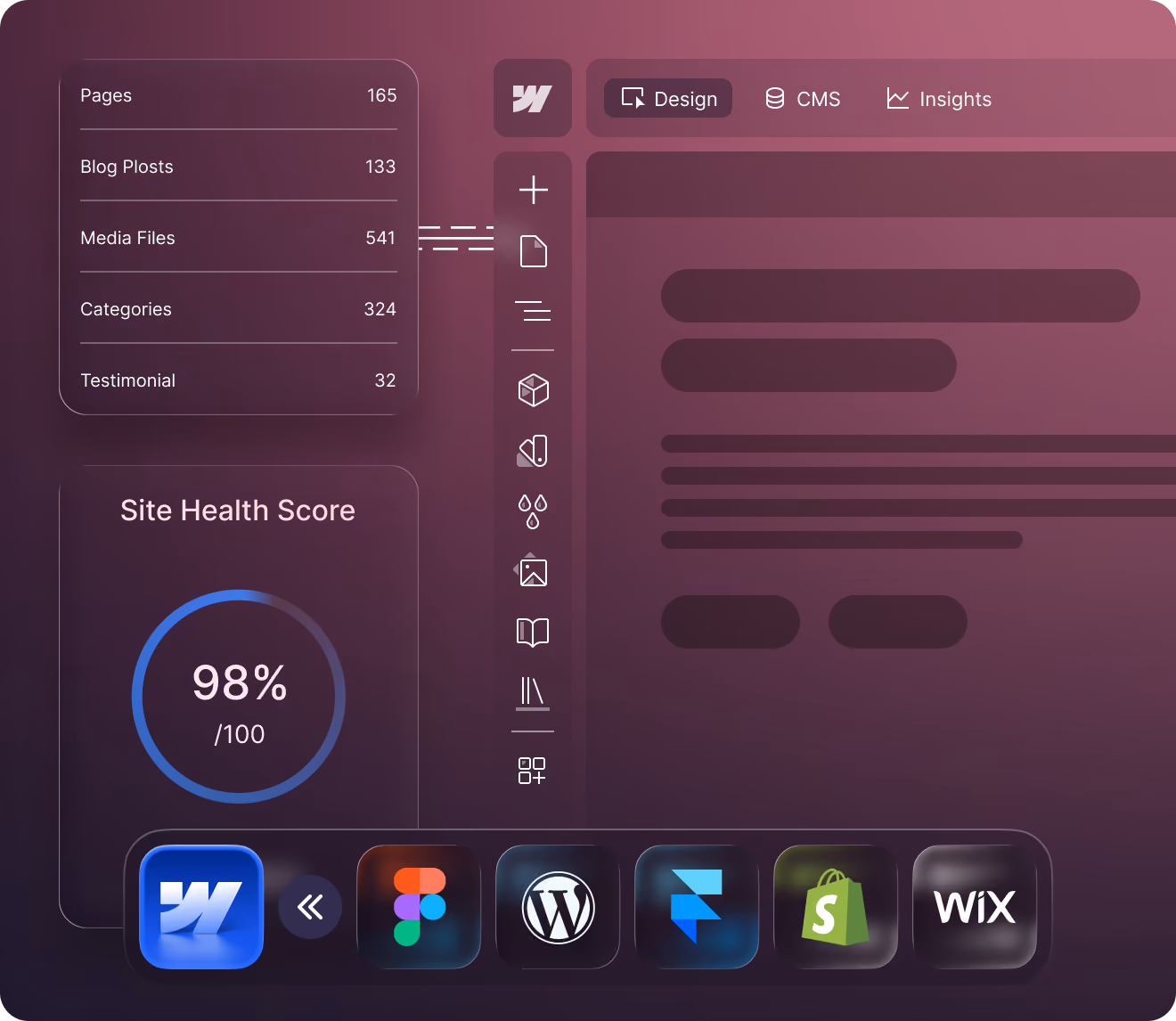 Dashboard showing site stats, health score of 98%, and icons for design, CMS, insights, and platforms.
